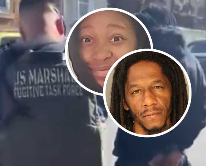 Marvin Wicker being arrested by US Marshals, Dawn Watson who who is accused of killing in a hit-and-run, and Wicker's previous mugshot from his wanted poster. 