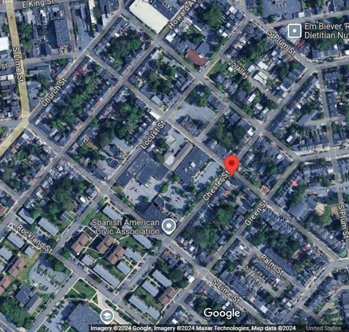 A map showing the 500 block of Pershing Avenue in Lancaster, PA. 