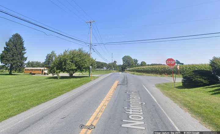 The intersection of Nottingham Road and Little Britain Road in Little Britain Township, where three Amish people were hurt in a horse and buggy crash involving a truck, dispatchers explained.