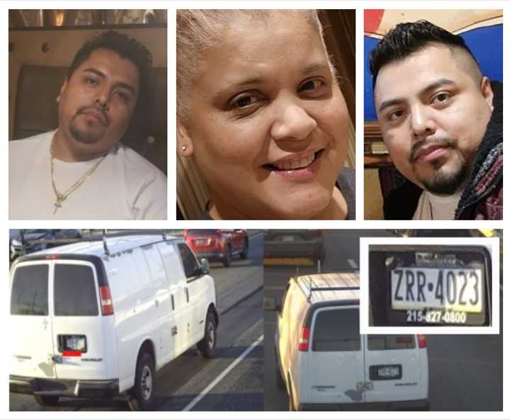 Miguel Aguilar (top left and right), Ivelisse Lugo (top center), and his white van. 