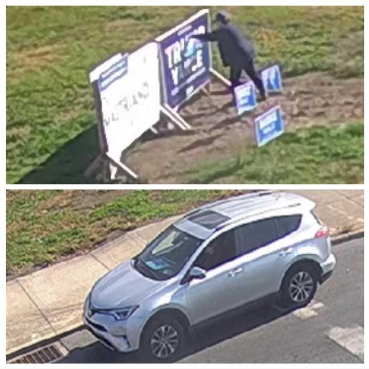 The woman damaging the Trump/Vance sign and the vehicle in which she fled the scene of the crime.