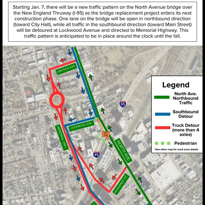 Thruway officials posted a map showing the latest traffic changes on the North Avenue bridge over I-95 in New Rochelle. 