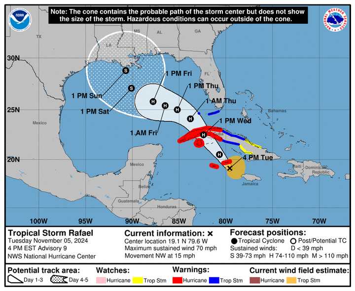 The latest projected track and timing of Rafael, released late Tuesday afternoon. Nov. 5.