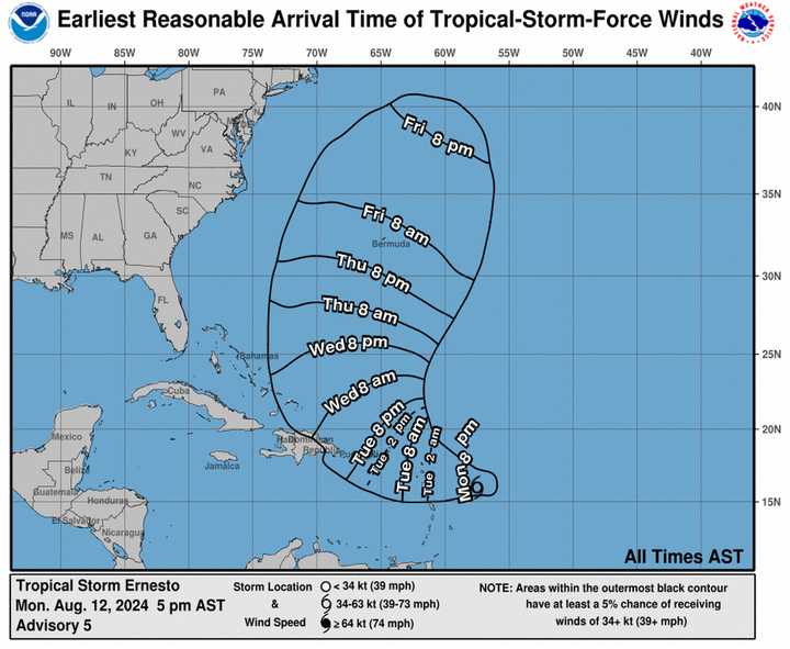 The projected timing and track of the tropical rainstorm through Friday evening, Aug. 16. It will be named Ernesto if it strengthens as expected.
  
