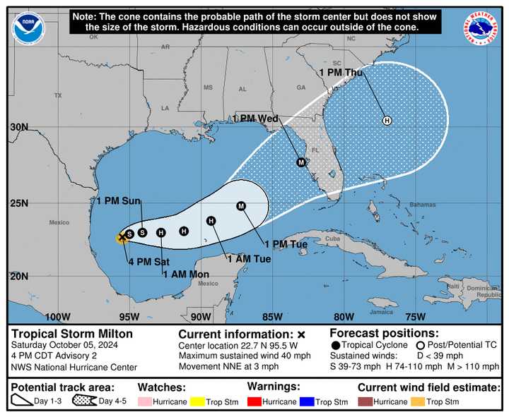 Here's the projected track and timing for newly named Tropical Storm Helene, with landfall expected Wednesday, Oct. 9, in Florida's Big Bend.
  
