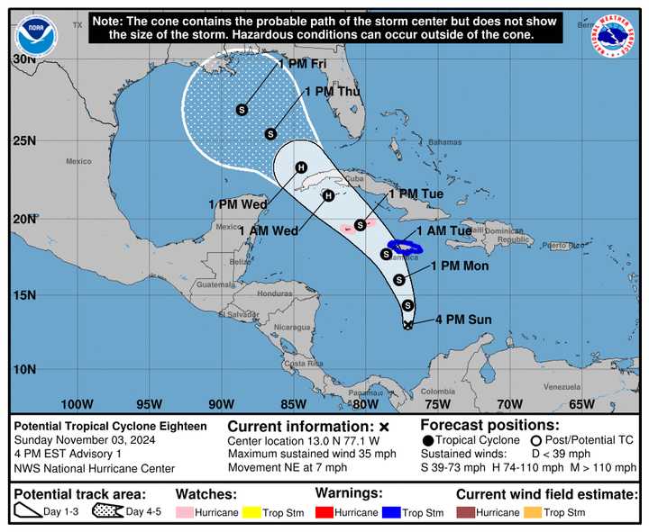 The latest projected track and timing of Tropical Cyclone 18, which is expected to become Tropical Storm Rafael on Monday, Nov. 4.