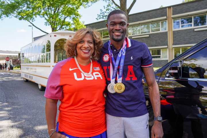 Rai Benjamin pictured with Mount Vernon Mayor Shawyn Patterson-Howard in 2021, when he was presented with the Key to the City following his medal wins during the 2020 Tokyo Olympics.&nbsp;