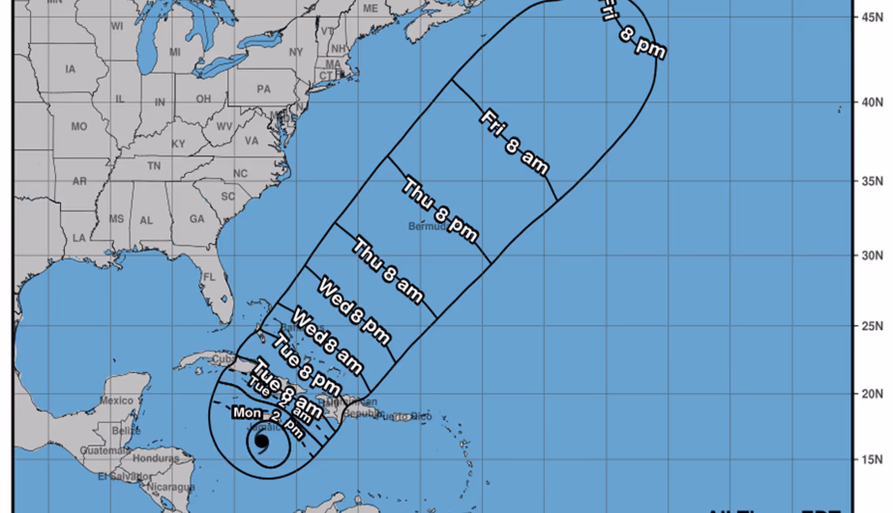 Melissa's projected path from the National Hurricane Center.
 
Melissa's projected path from the National Hurricane Center.