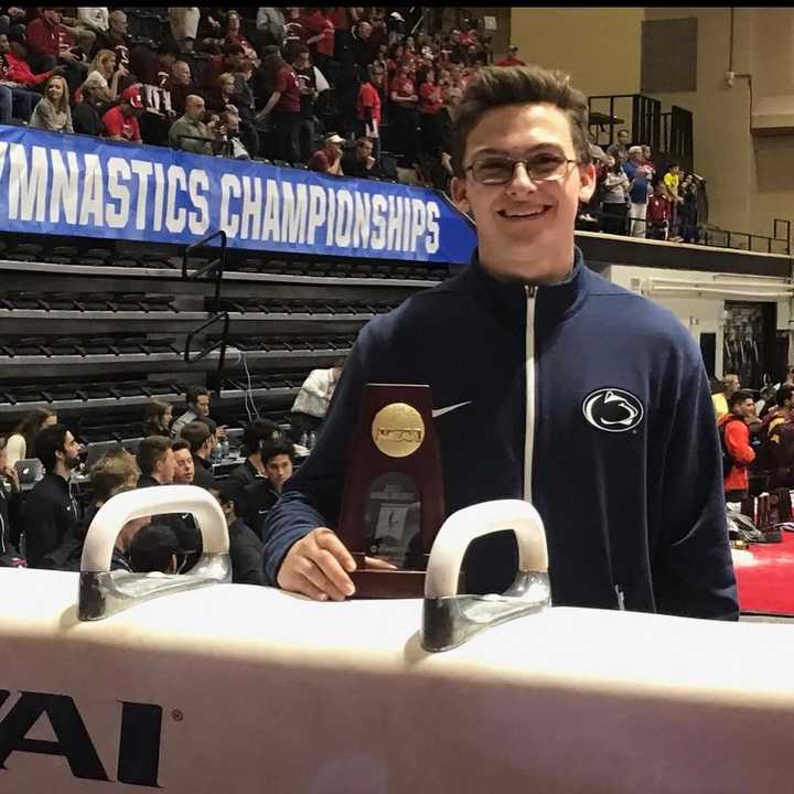 Stephen Nedoroscik poses with his NCAA Championship in 2019.&nbsp;