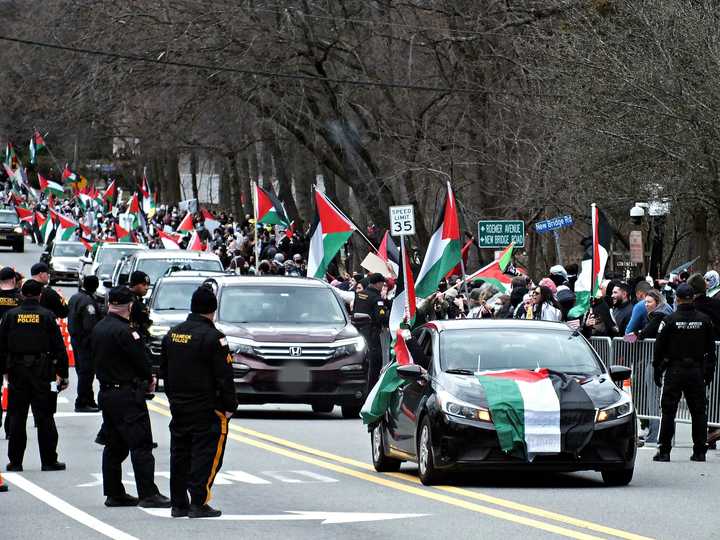 Pro-Palestinian protestors at an Israeli real estate event last year in Teaneck.