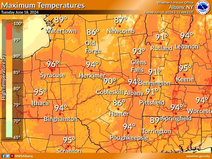 The National Weather Service released a map depicting the maximum temperatures in much of New York on Tuesday, June 18, including the upper Hudson Valley and Capital Region. 