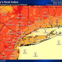 <p>The National Weather Service released a map depicting the heat index in southern New York on Tuesday, June 18.</p>