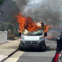 <p>A United States Postal Service van caught fire in Margate, NJ, on June 23, 2024.</p>