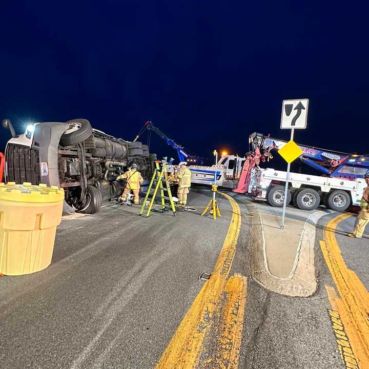 The scene of the tractor-trailer hauling a tank of chocolate syrup rolled over on PA Rt 117.