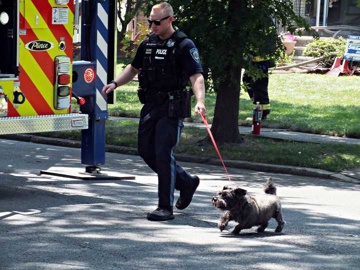 Glen Rock Officer Andrew Magro with one of the dogs who escaped from the Nottingham Road house fire.