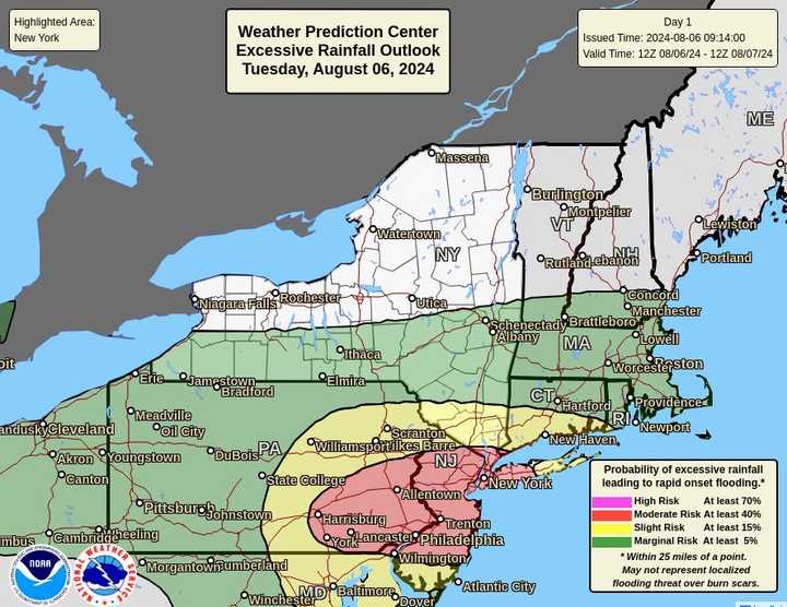 Areas in red have a moderate risk of excessive rainfall, while areas in yellow have a slight risk, according to a graphic released by the National Weather Service.&nbsp;