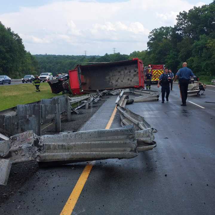 An overturned dump truck