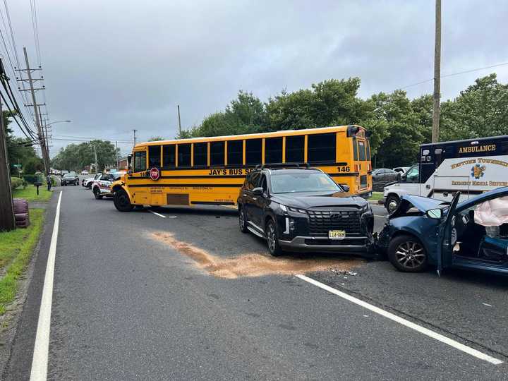 A three-vehicle crash involving a school bus on Route 33 in Neptune Township, NJ, on August 9, 2024.