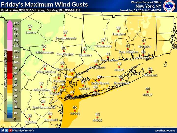 A map of maximum wind gusts in the Hudson Valley and on Long Island during Friday, Aug. 9. Areas that are expected to receive stronger winds are depicted in dark yellow.&nbsp;