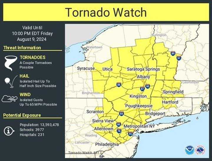 A look at areas (in yellow) under Tornado Watch until 10 p.m. Friday, Aug. 9.