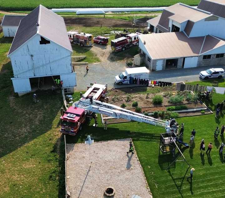 The scene of the rescue from the barn rafters at an Amish farm along Georgetown Road in Bart Township.