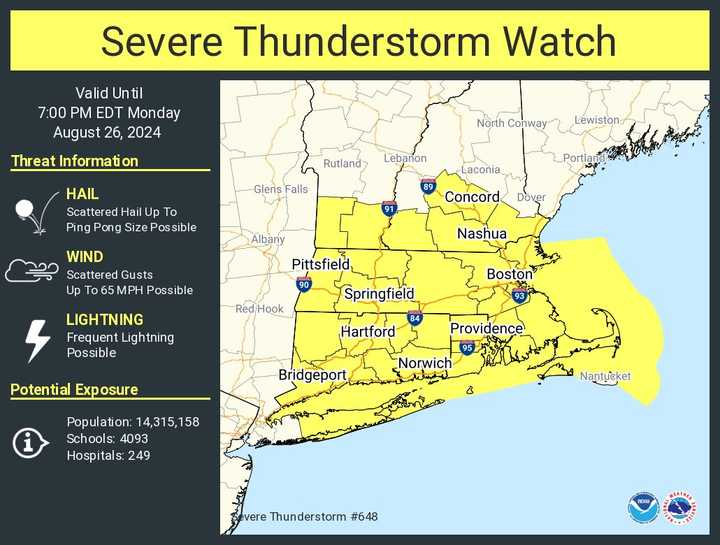 The Severe Thunderstorm Watch is in effect for the areas shown in yellow until 7 p.m. Monday, Aug. 26.