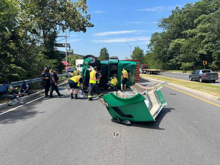 Overturned tractor trailer on Route 440 in Bayonne.