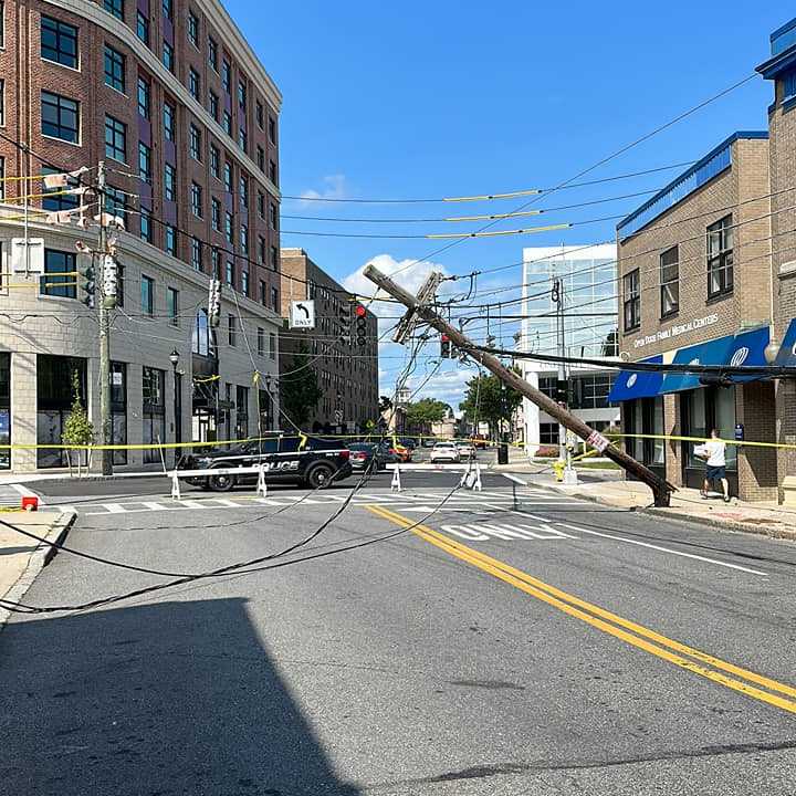 The pole was knocked over at the intersection of South Main Street, Purdy Avenue, and Grace Church Street in Port Chester.