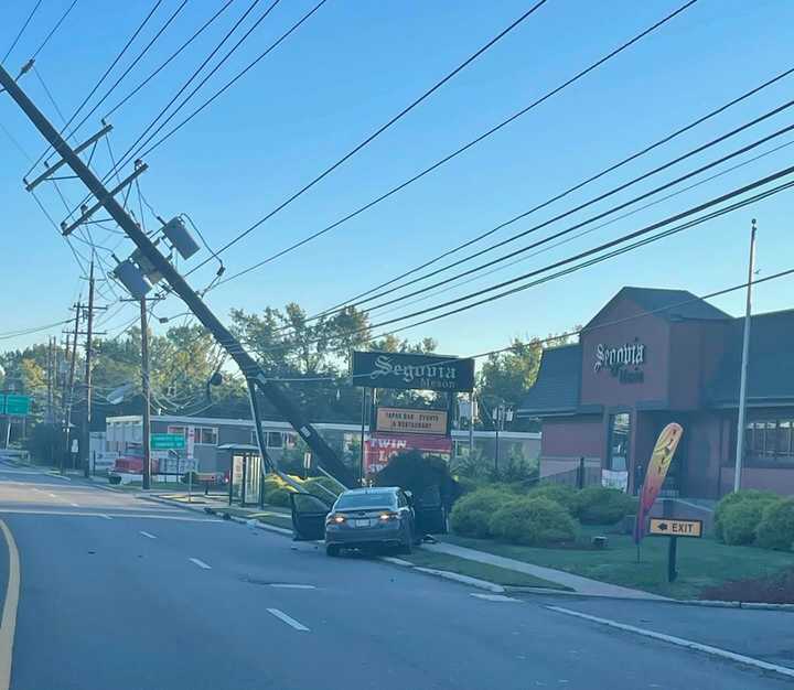 Photos shared by Carlstadt police show a sedan into a pole outside of Segovia on Washington Avenue.