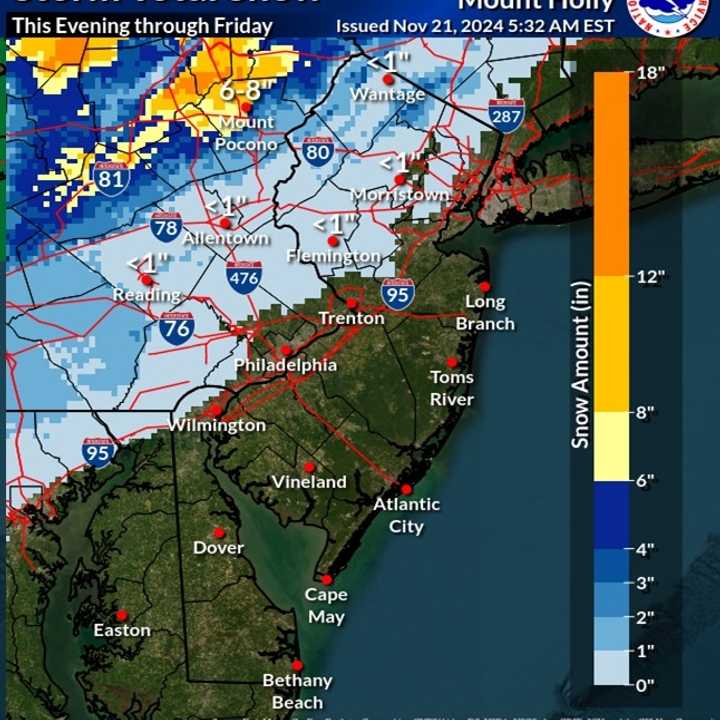 Snow prediction across New Jersey and Pennsylvania Thursday evening, Nov. 21 through Friday.