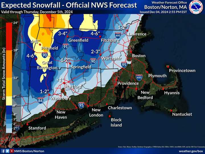 Higher elevated areas in northern Connecticut and central and western Massachusetts will see between 2 and 6 inches of snowfall.