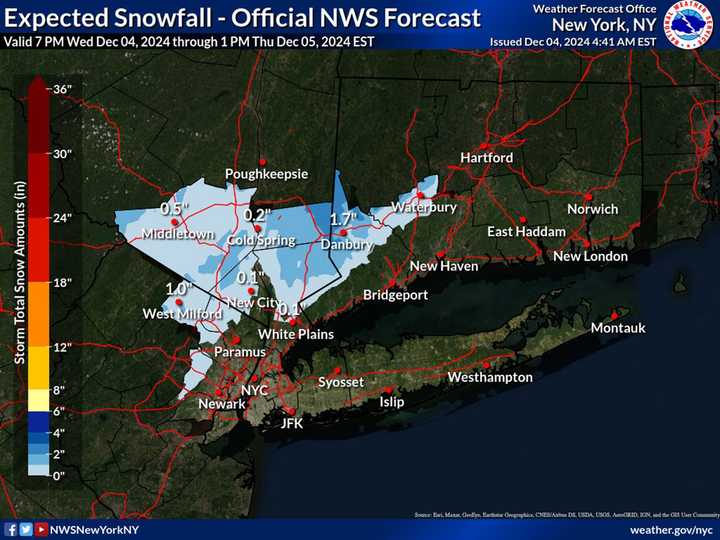 A trace to up to nearly 2 inches of snow is possible in the interior areas in the darker shades of blue. Farther south, including on Long Island, rain and freezing rain are predicted, with little or no accumulation.