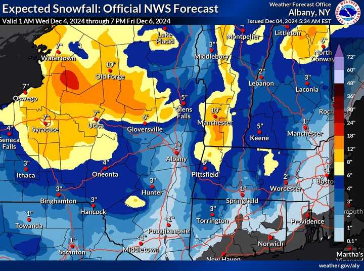 A widespread inch to 3 inches of accumulation is expected in most of the region, with a trace of snow in some areas farther south and up to 10 inches in some higher elevated northern locales.