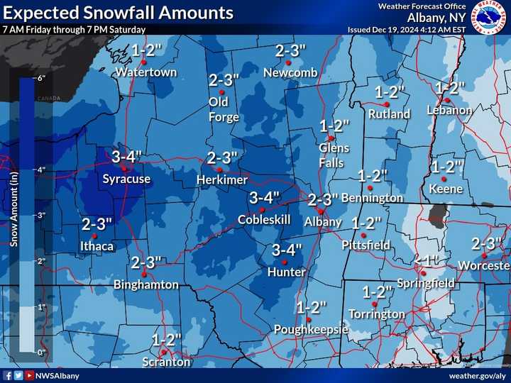 Expected snowfall amounts Friday through Saturday in Upstate NY, Massachusetts and Connecticut.