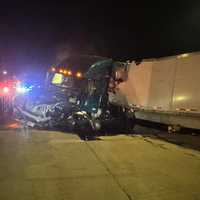 <p>The tractor-trailer after slamming into a toll booth on the PA Turnpike. </p>