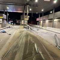 <p>The PA Turnpike toll booth on I-376 in Chippewa Township after a tractor-trailer slammed into it. </p>