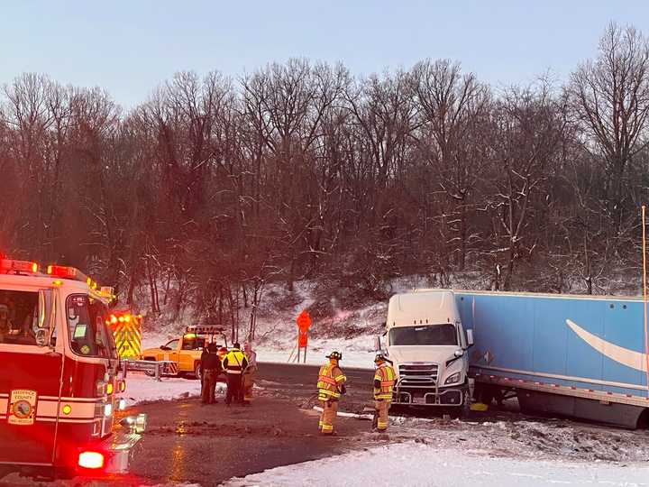 The jackknifed tractor-trailer held up traffic on I-70.