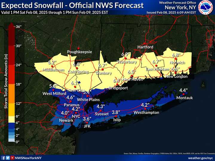 The heaviest snowfall is expected in areas in yellow, where around 6 inches of accumulation is predicted.