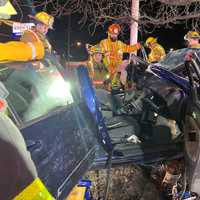 NEW PHOTOS: Driver Extricated After Car Slams Tree On Route 4 In Paramus, Police Say