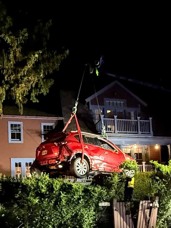 Car Crashes Into Yard In Hudson Valley, Lifted Out Using Rotator