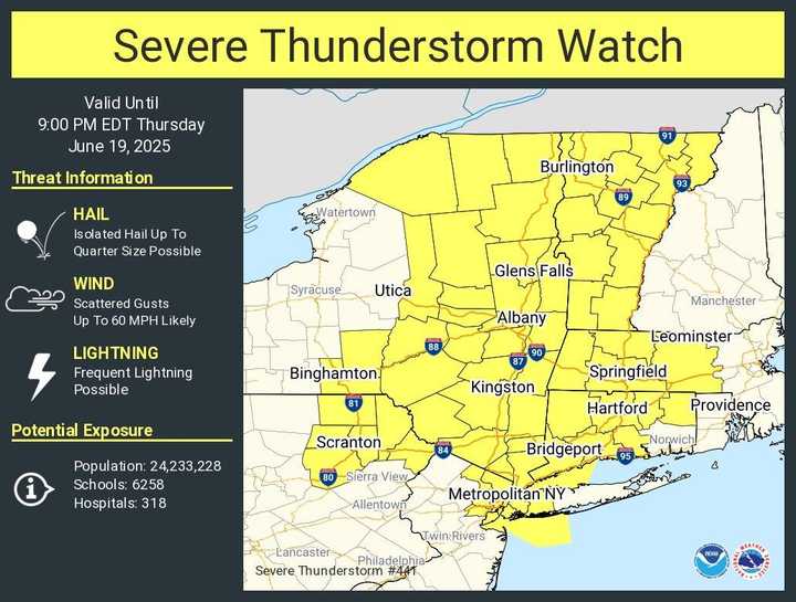 The watch was issued just before 1:30 p.m. Thursday, June 19, and will last until 9 p.m. on Thursday.
  
