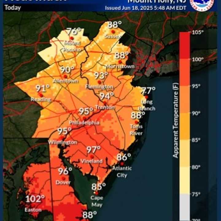 The National Weather Service has issued a Heat Advisory for parts of New Jersey and Pennsylvania.
