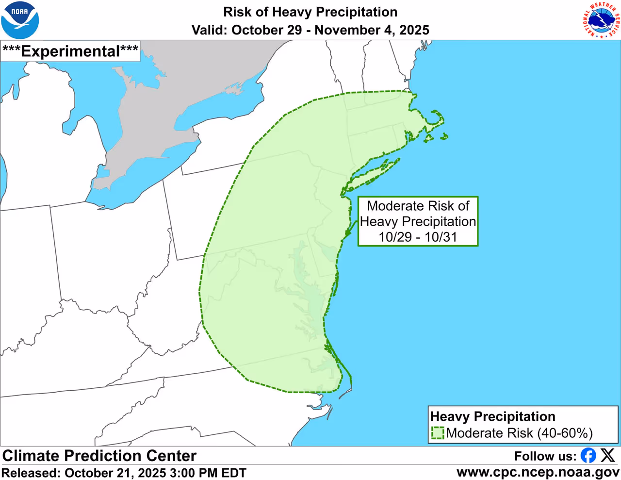 There's an increased chance for heavy rain across major metro areas of the Northeast and Mid-Atlantic from Wednesday, Oct. 29 through Friday, Oct. 31. There's an increased chance for heavy rain across major metro areas of the Northeast and Mid-Atlantic from Wednesday, Oct. 29 through Friday, Oct. 31.