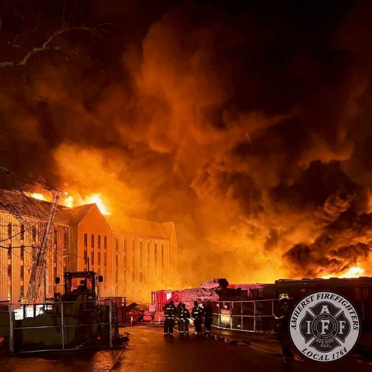 A fire at a construction site next to off-campus housing for UMass-Amherst late Friday, Nov. 7, displaced more than 230 students. Firefighters used more than 1 million gallons of water to put out the blaze.&nbsp;