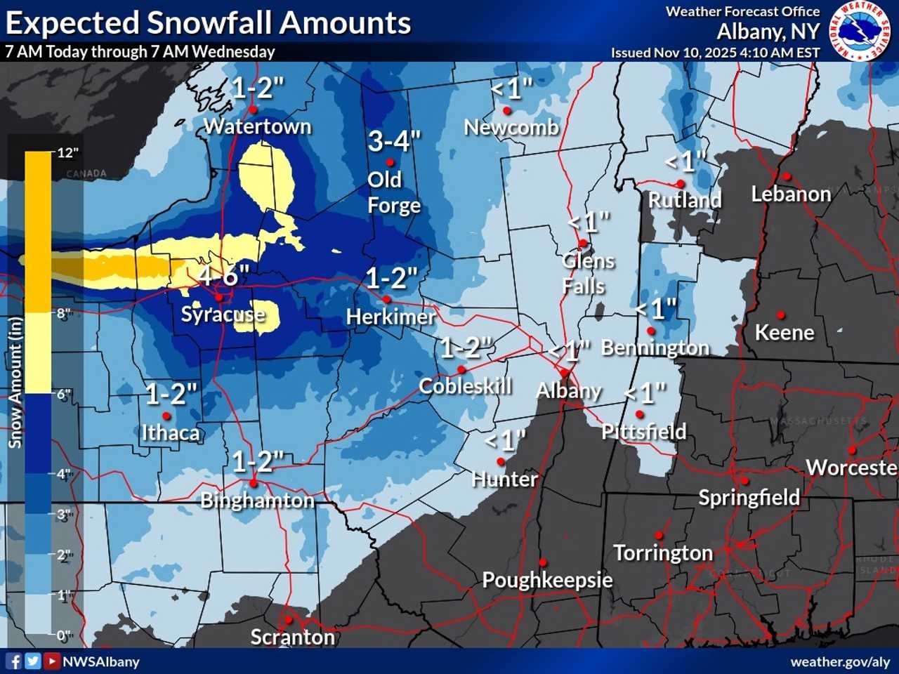 Parts of upstate New York and northern Pennsylvania will see 2 inches or more of snowfall, while areas in Western Massachusetts are expected to get an inch or less of accumulation. 
  
