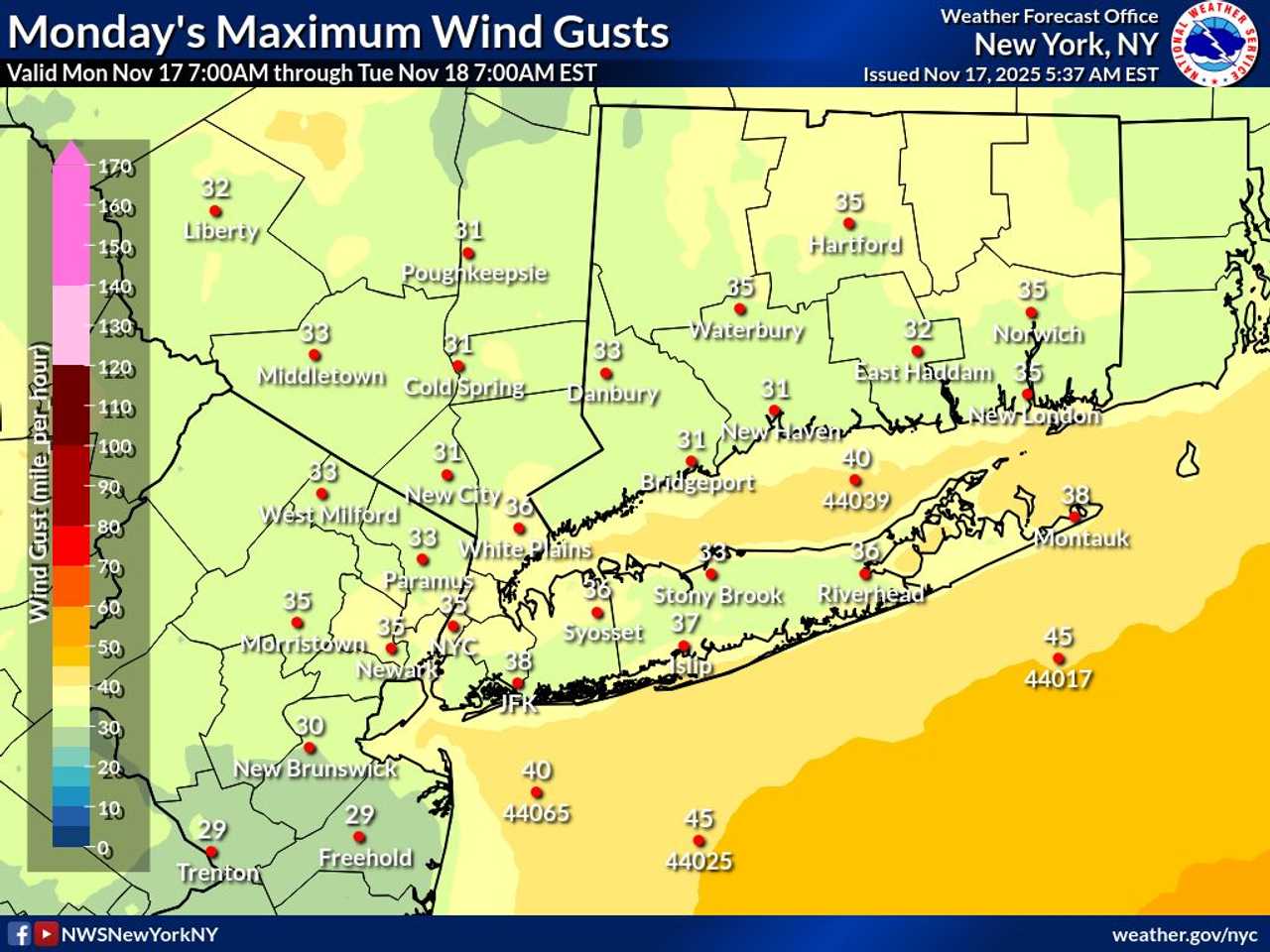 This map from the National Weather Service depicts predicted maximum wind speeds in the Hudson Valley/Long Island/NYC region on Monday, Nov. 17. 