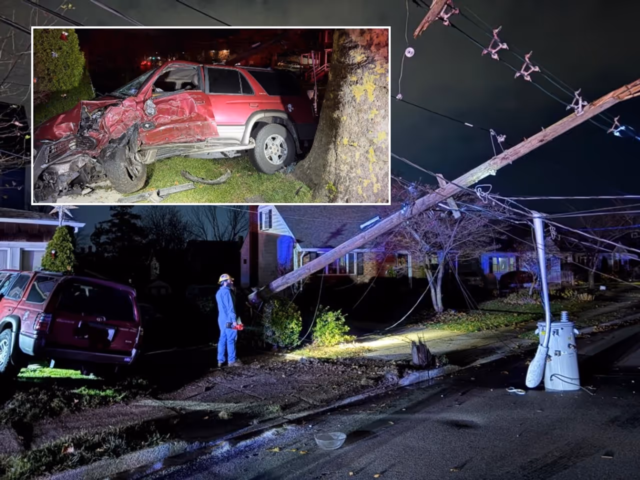A driver was rescued from their SUV after it slammed into a utility pole on early Thanksgiving morning in Ridgefield Park, firefighters said.