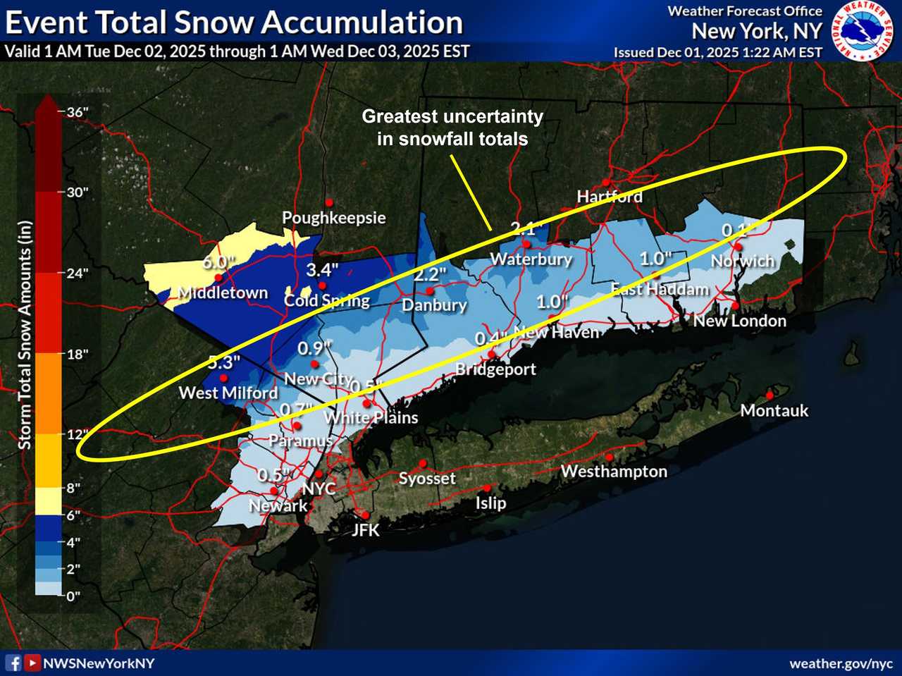 Updated snowfall projections for the storm on Tuesday, Dec. 2 released by the National Weather Service on Monday morning, Dec. 1. Uncertainty for predictions is highest in the areas inside the yellow marker.