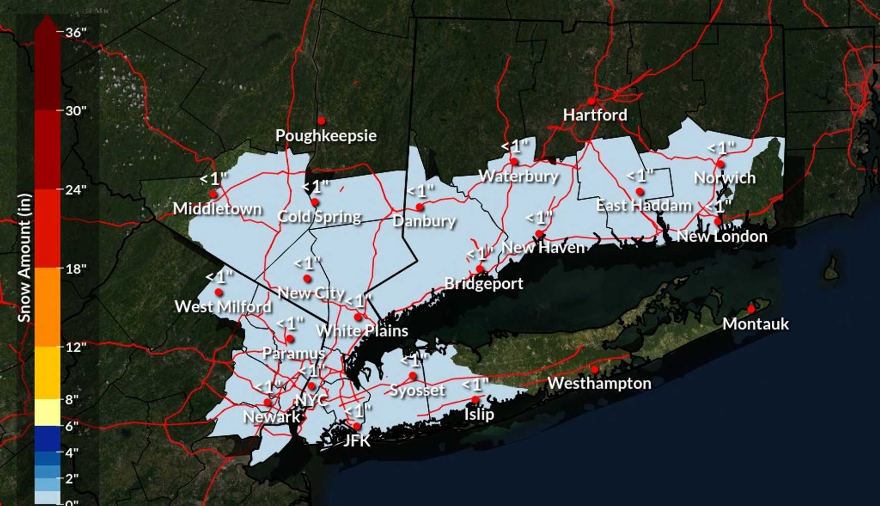 
About a trace of snowfall is expected from the light snow, mainly outside Long Island.
