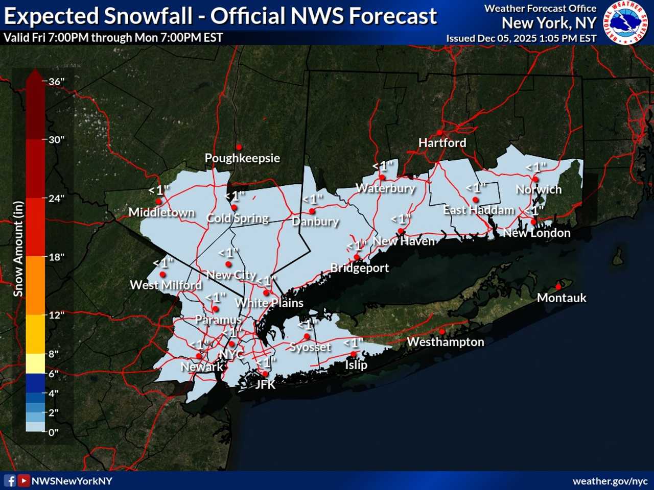In the New York/New Jersey/Connecticut tristate region, there will be an earlier window for light snow and ice from Friday night, Dec. 5 into Saturday morning, Dec. 6.
In the New York/New Jersey/Connecticut tristate region, there will be an earlier window for light snow and ice from Friday night, Dec. 5 into Saturday morning, Dec. 6.